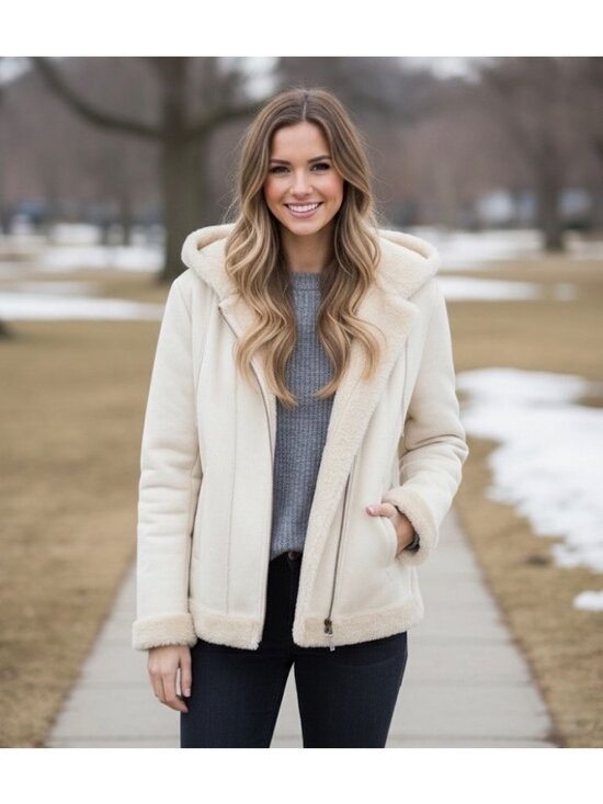 Hydraulic Jackets & Blazers - Vintage Hydraulic Hooded Cream Faux Suede & Fur Penny Lane Coat L Y2K 90s Grunge